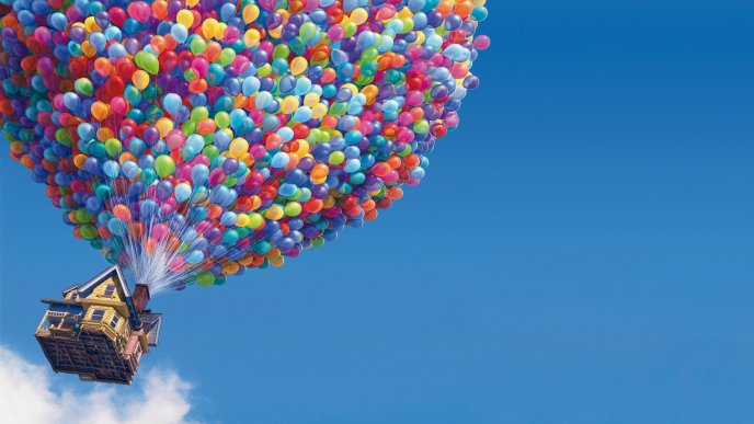 Thousands of balloons raising a house