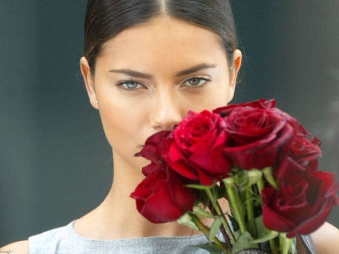 Adriana Lima with red roses previous