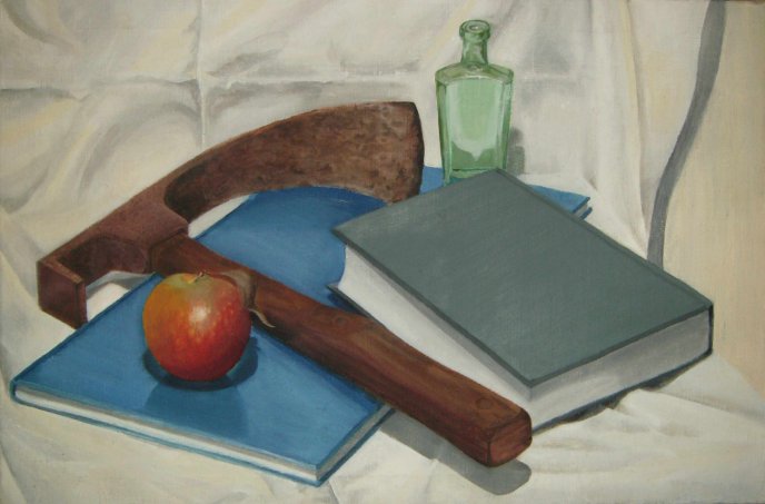 Abstract drawing - apple, book, glass, tool