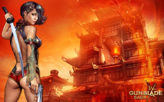 Gunblade Saga burning building, warrior girl - computer game