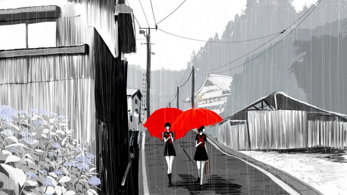 Rain over gray city - two girl with red umbrellas