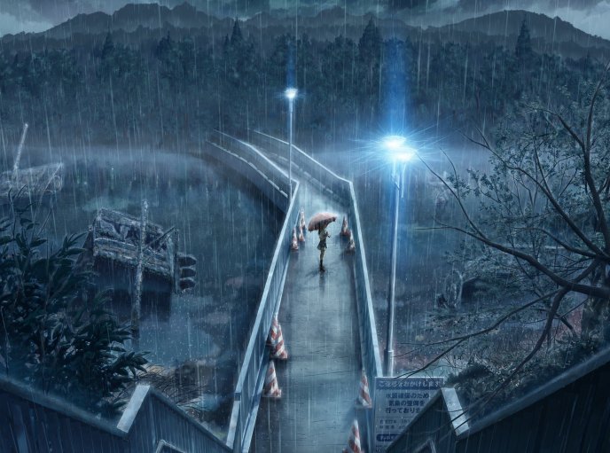 Rainy night - girl with an umbrella on the bridge