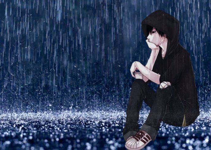 Anime - boy sitting in the rain HD wallpaper
