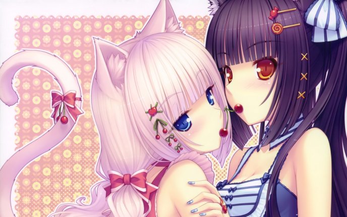 Two cats - anime girls with lips like cherries