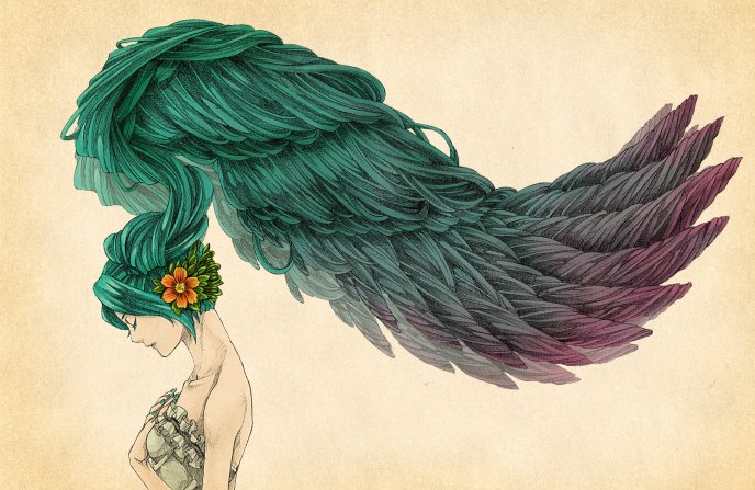 Drawing - green hair in the shape of wings