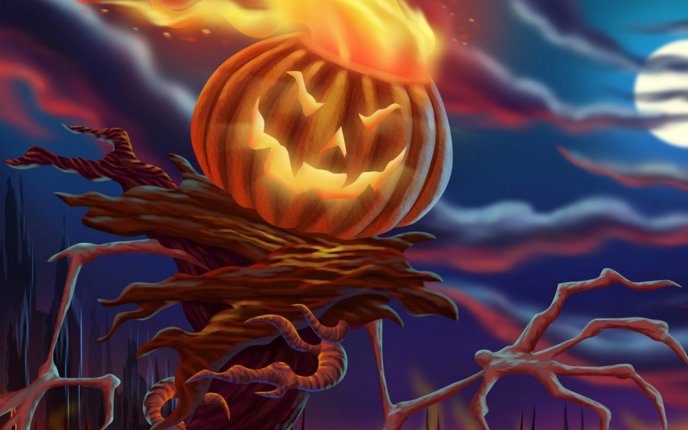 Halloween pumpkin in a moving tree