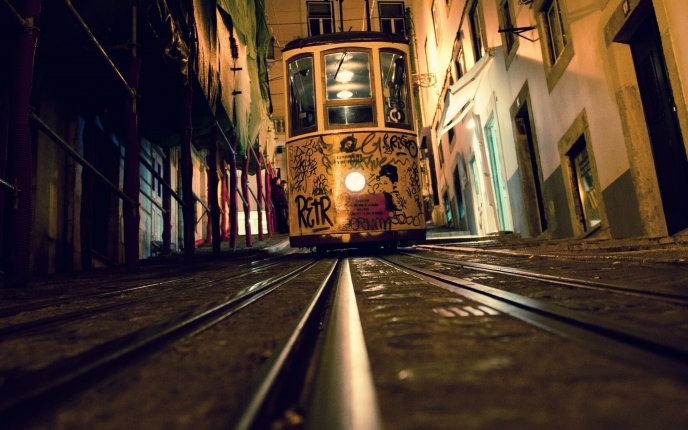 Drawn tram at night in the city HD wallpaper