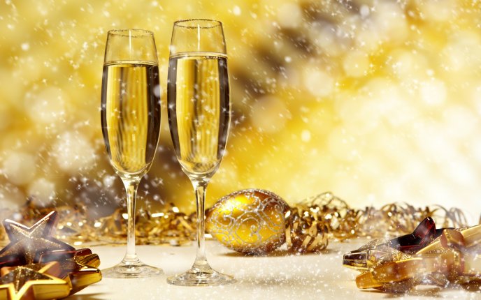 Happy New Year - snow over glasses of champagne HD wallpaper