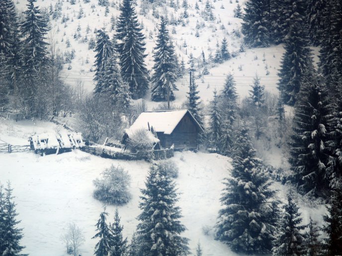 Winter landscape - cabin on a mountain top