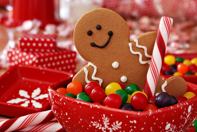Christmas holiday - a gingerbread man guards the candy bowl