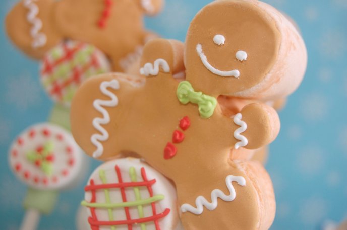 A gingerbread man on a lollipop HD wallpaper