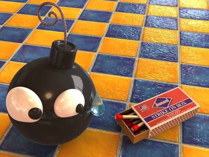 3D funny wallpaper - a bomb scared of matches