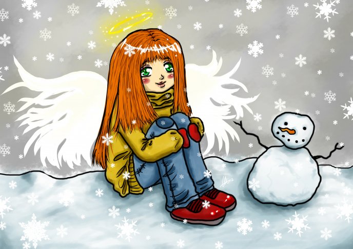 Little angel and his snowman friend