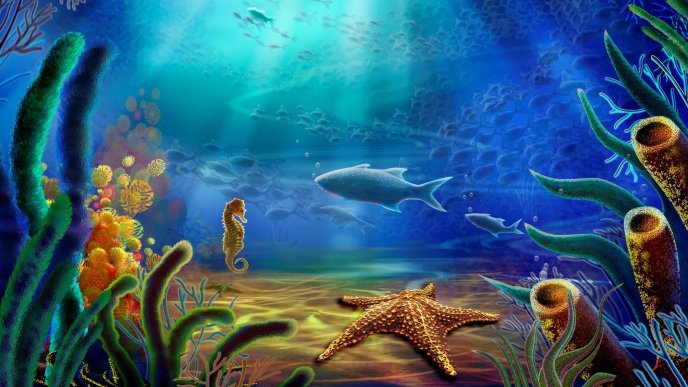 Beautiful landscape under the water - sea animals