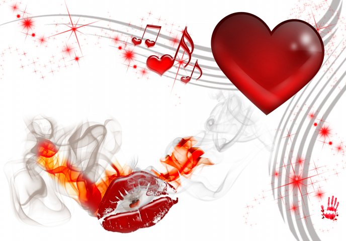 Heart, red lips on fire and musical note - Valentine's Day