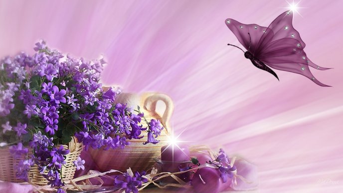 Purple wallpaper - flowers, candle and butterfly