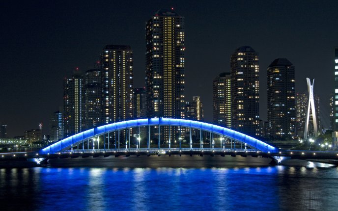 A beautiful bridge illuminated at night - blue light