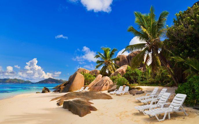 Chairs on exotic beach - HD wallpaper