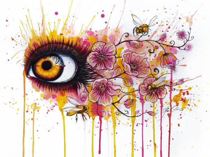 Abstract drawing - beautiful eye and flowers