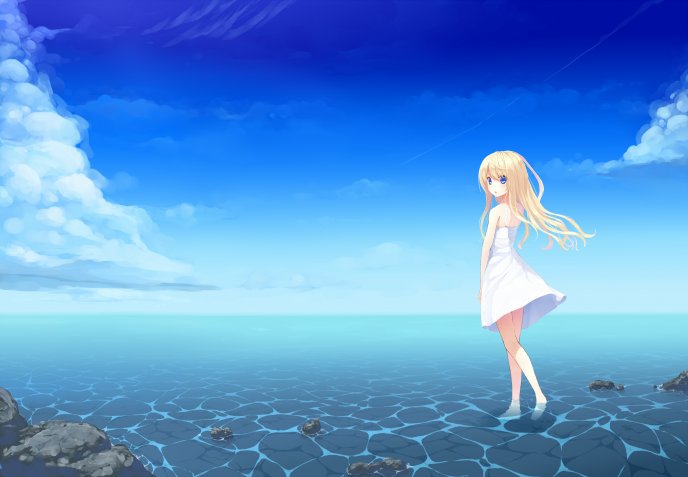 Beautiful blonde anime girl at seaside