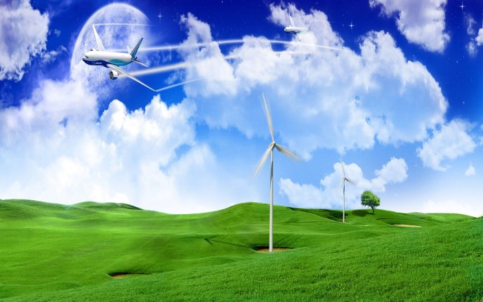 Planes and wind-power-generation on a green field