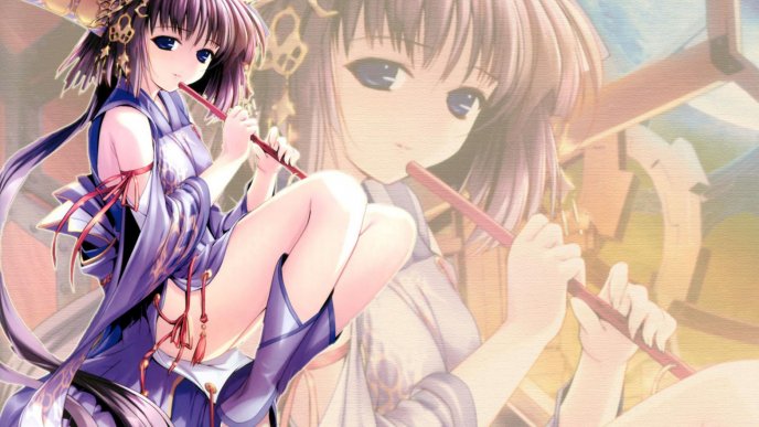 Anime girl sing at flute - beautiful purple dress