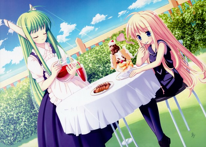 Big delicious ice cream and a glass of wine - anime girl