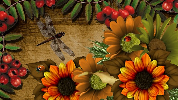 Flowers and insects - beautiful painting