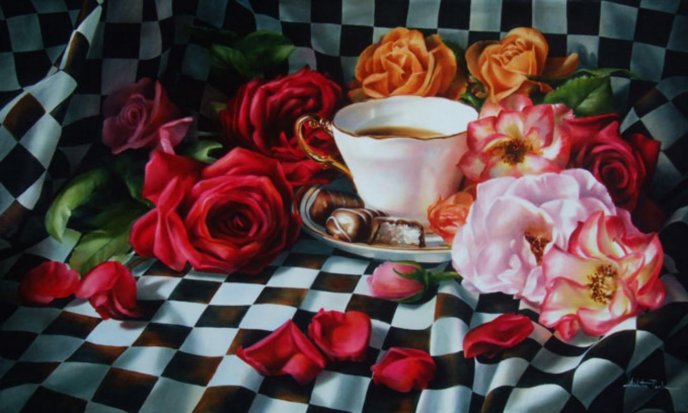 Beautiful painting - coffee and flowers in the morning