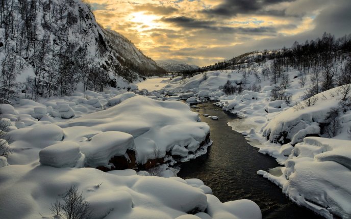 Cold mountain river in the winter season