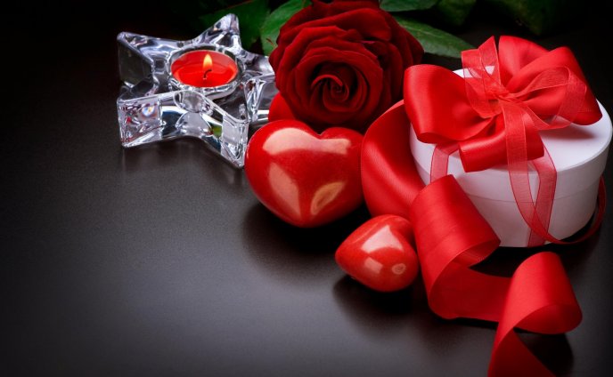 Candle, roses and red hearts - gift for Valentines Day