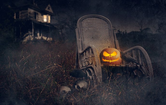Lightning pumpkin and a crow - scary Halloween night