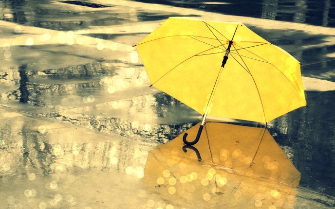 Yellow umbrella on the road - Rainy day