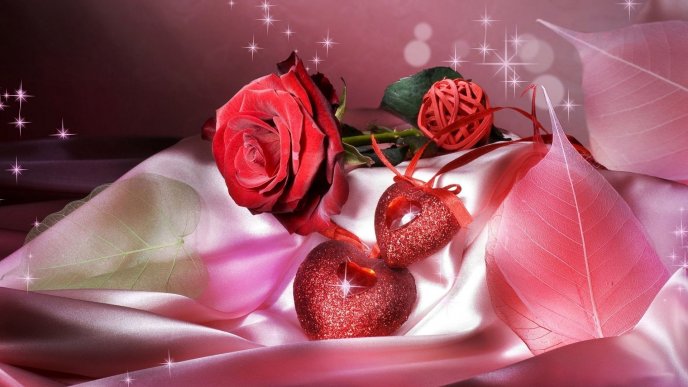Shiny hearts and red rose - gifts for Valentines Day