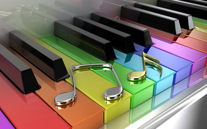 Colored piano keys and two musical notes