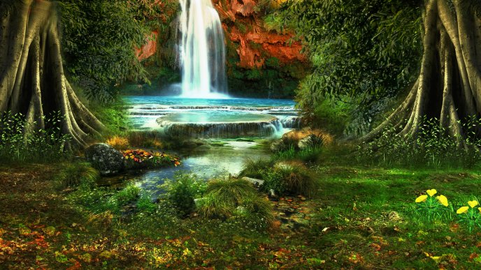 A beautiful waterfall in the green nature