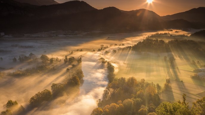 Fog over a valley - Morning nature wallpaper