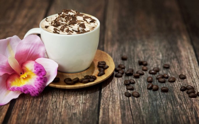 Special coffee for my love - foam, chocolate and orchid