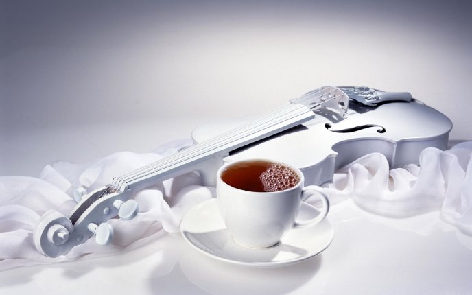 Beautiful white wallpaper - special guitar and hot tea