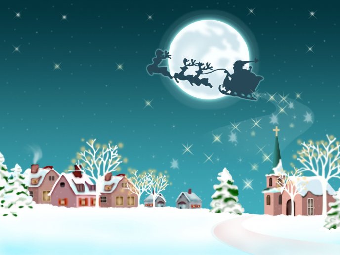 Santa Claus and reindeers - fly over the village