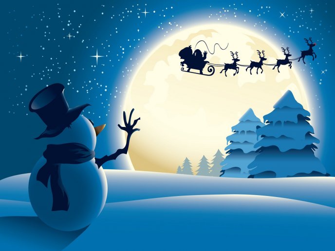 Snowman saw Santa Claus and reindeers fly on the sky