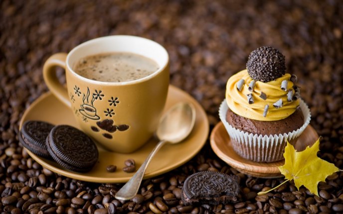 Delicious coffee and sweet cake with Oreo Biscuits