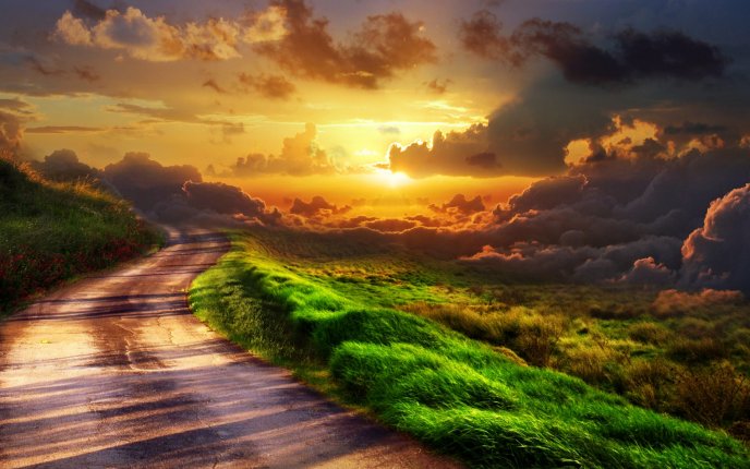 Country road at a beautiful sunset - HD wallpaper