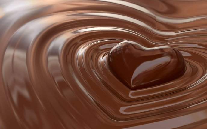 Heart chocolate shape in a river of chocolate