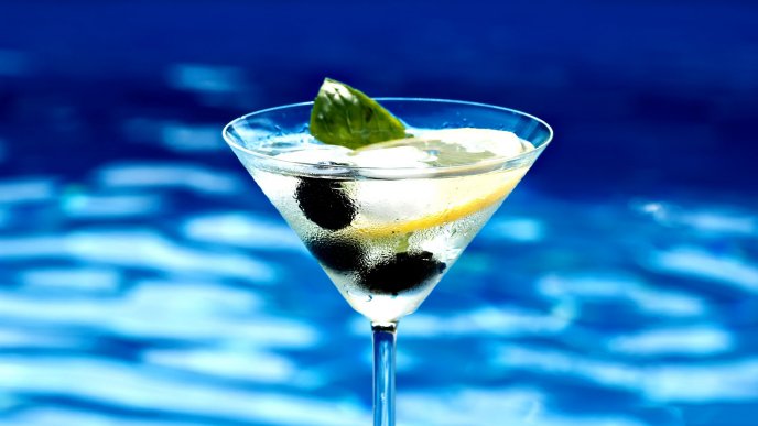 Delicious summer cocktail with olive and mint