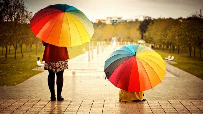 Two girls with big umbrellas in the rain - HD wallpaper