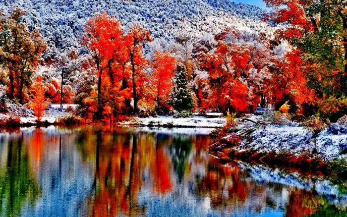 Wonderful nature landscape -Autumn forest - snow on mountain