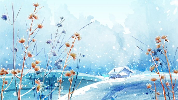 Winter landscape - small house and white nature
