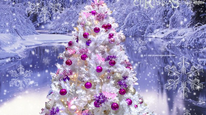White Christmas tree and pink ornaments - Happy Holiday