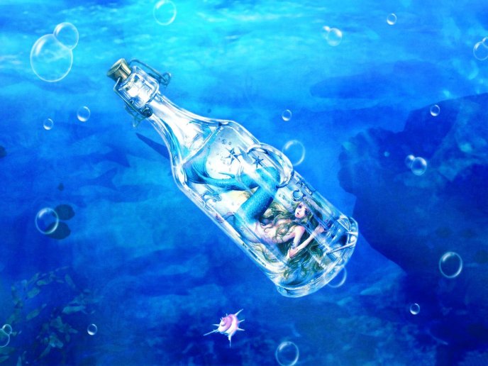 Blue mermaid captured in a bottle in the ocean -HD wallpaper